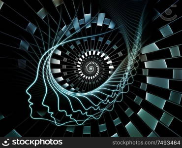 Spirals of the mind series. Human head profiles and abstract orbiting structures on the subject of science thinking and education.