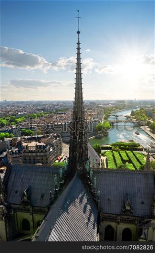 Spire of Notre Dame and aerial view of Paris, France