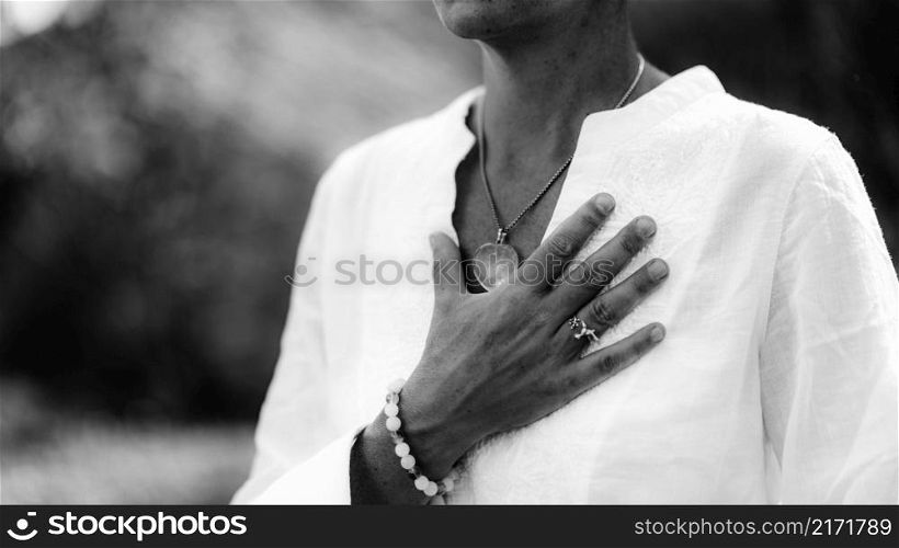 Spiritual Healer Expressing Honesty with her Hands . Honesty Hand Gesture