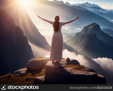 Spiritual Reflection, Image of a Woman Praying with Arms in Air on Top of Mountain at Sunset, created with Generative AI technology