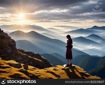 Spiritual Reflection, Image of Girl Praying on Top of Mountain with Setting Sun, created with Generative AI technology