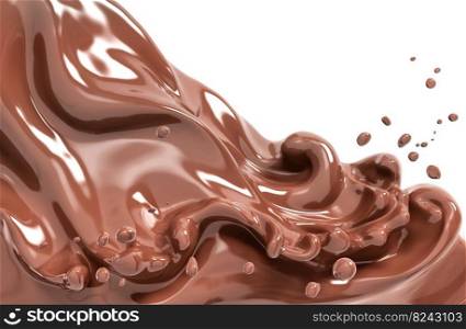 Splash, flow or wave of hot melted chocolate, sauce or syrup, cocoa drink or cream, isolated, 3d rendering