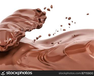 Splash, flow or wave of hot melted chocolate, sauce or syrup, cocoa drink or cream, isolated, 3d rendering