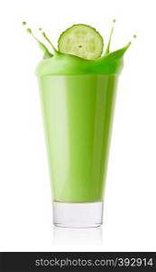Splash from cucumber slices in green smoothie or yogurt isolated on white background. Splash from cucumber slices in green smoothie or yogurt