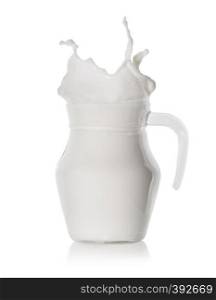 Splash in a glass jar filled with milk isolated on white background. Splash in a glass jar filled with milk