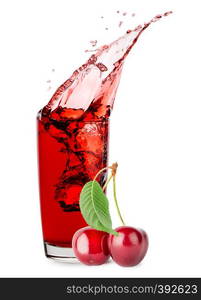 Splash in glass of cherry juice with berries isolated on white background. Splash in glass of cherry juice with berries