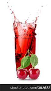 Splash in glass of cherry juice with berries of cherry isolated on white background. Splash in glass of cherry juice with berries of cherry