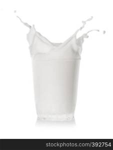 Splash in transparent glass of milk isolated on a white background. Splash in transparent glass of milk