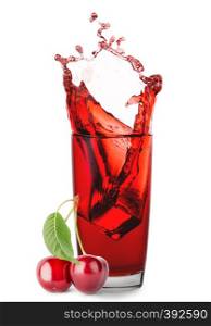 Splash of cherry juice in transparent glass with two cherries isolated on white background. Splash of cherry juice in transparent glass with two cherries