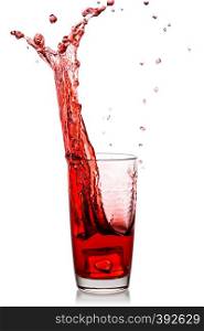 Splash of chilled cherry juice in a transparent glass isolated on a white background. Splash of chilled cherry juice in transparent glass