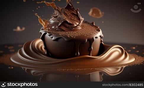 Splash of dark chocolate, sauce or syrup, melted chocolate, liquid abstract background dessert, food illustration.  AI generative