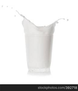 Splash of fresh cold milk in glass, transparent glass isolated on white background. Splash of fresh cold milk in a glass, transparent glass