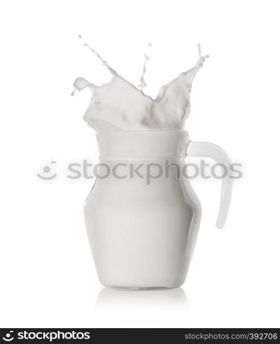 Splash of fresh milk in a glass jar isolated on white background. Splash of fresh milk in a glass jar