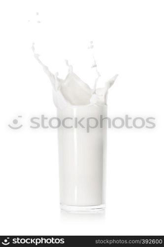 Splash of fresh milk in glass cup isolated on white background. Splash of fresh milk in a glass cup