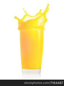 Splash of fresh orange juice in a transparent glass isolated on a white background. Ecological clean product. Life without plastic. Splash of fresh orange juice in transparent glass isolated on white background