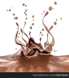 Splash of hot chocolate, sauce or syrup, cocoa drink or choco cream, melted chocolate wave, abstract background dessert, illustration food, isolated 3d rendering
