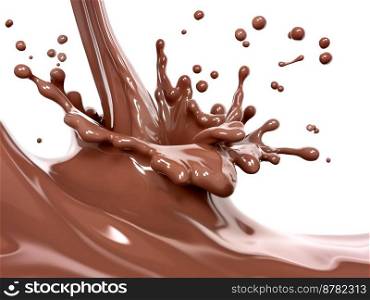 Splash of hot chocolate, sauce or syrup, cocoa drink or choco cream, melted chocolate wave, liquid abstract background dessert, illustration food, isolated 3d rendering