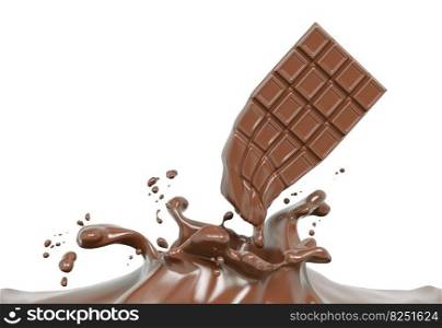 Splash of hot chocolate sauce or syrup, melting bar of milk chocolate isolated 3d rendering