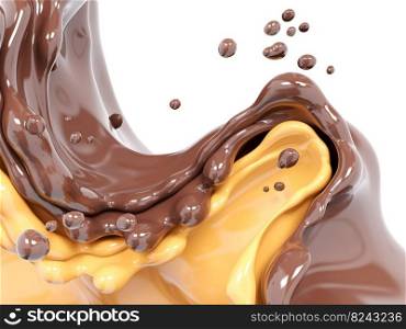 Splash of hot chocolate, vanilla yogurt or pudding, sauce or syrup, cocoa drink or choco cream, melted chocolate wave, abstract background dessert, illustration food, isolated 3d rendering