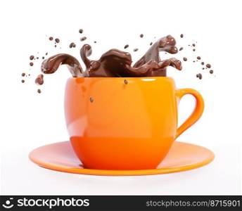 Splash of hot melted chocolate sauce or syrup, cocoa drink in orange cup 3d rendering