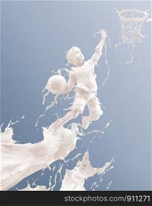 Splash of milk in form of Boy's body playing Basketball, Boy jump, Splash of milk with clipping path. 3D illustration.