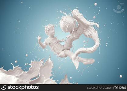 Splash of milk in form of Boy's body playing football, Boy soccer player kicking the ball, Splash of milk with clipping path. 3D illustration.