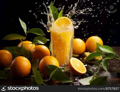 Splash of orange juice in glass on dark background with raw organic oranges.AI Generative