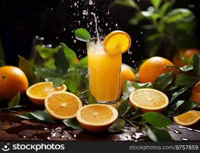 Splash of orange juice in glass on dark background with raw organic oranges.AI Generative