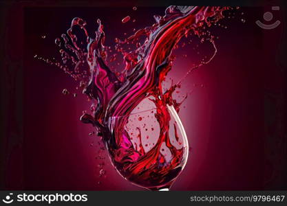 Splash of red wine in glass, red and viva magenta color shades. Splash of red wine