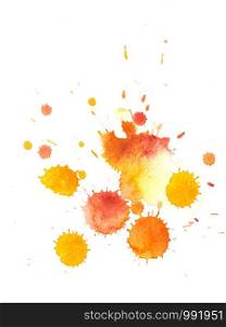 Splash of watercolor drop on white paper, yellow and orange color on white background.