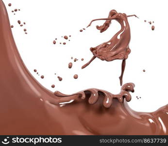 Splash, wave of hot melted chocolate sauce or syrup, cocoa drink in form of dancing woman with drops and splatters isolated 3d rendering