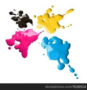 Splashes of four color printing inks cyan magenta yellow black. Cmyk color splashes