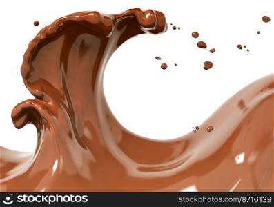 Splashes of hot chocolate, sauce or syrup, cocoa drink or choco cream, melted chocolate wave, abstract background dessert, illustration food, isolated 3d rendering