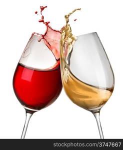 Splashes of wine in two wineglasses isolated on white