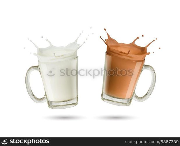 splashing milk and chocolate milk in glass on white background