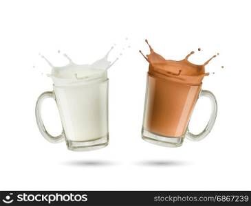 splashing milk and chocolate milk in glass on white background