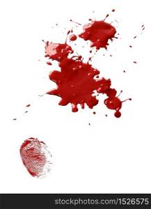 Splatter stains of dripping red blood and a thumb fingerprint