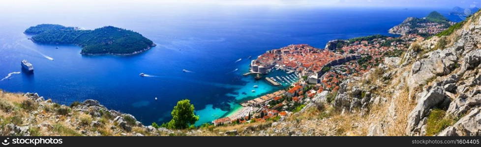 Splendid Dubrovnik. Aerial view with nearest island and cruise ship. Croatia travel