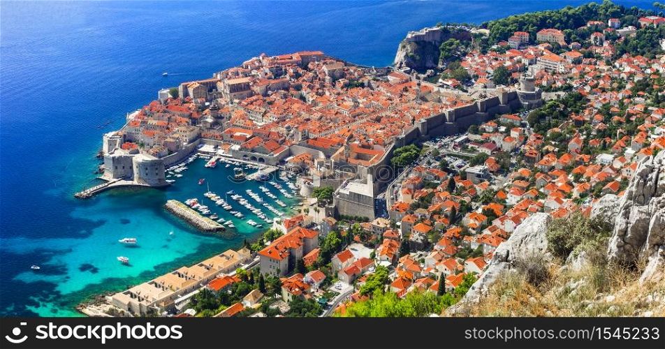 Splendid Dubrovnik town - pearl of Adriatic coast. Aerial view of old fortified town. Landmarks of Croatia. Croatia landmarks and tourism. Dubrovnik medieval town. Dalmatia
