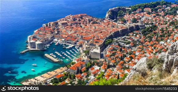 Splendid Dubrovnik town - pearl of Adriatic coast. Aerial view of old fortified town. Landmarks of Croatia. Croatia landmarks and tourism. Dubrovnik medieval town. Dalmatia