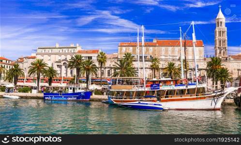 Split downtown and marine with touristic boats. Popular cruise and tourist destination in Dalmatia.Croatia travel and landmarks. 14.09.2019