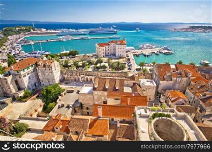 Split harbor and waterfront historic architecture aerial view, Dalmatia, Croatia