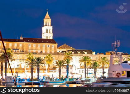 Split Riva waterfront and cathedral tower evening view, Dalmatia, Croatia 