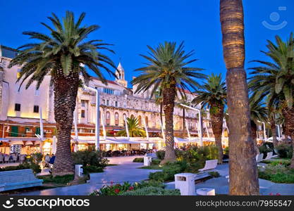 Split Riva waterfront palm walkway evening view, Dalmatia, Croatia