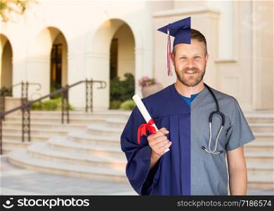 Split Screen of Caucasian Male As Graduate and Nurse On Campus or At Hospital.