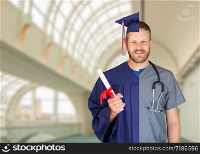Split Screen of Caucasian Male As Graduate and Nurse On Campus or At Hospital.