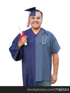 Split Screen of Hispanic Male As Graduate and Nurse Isolated On White.