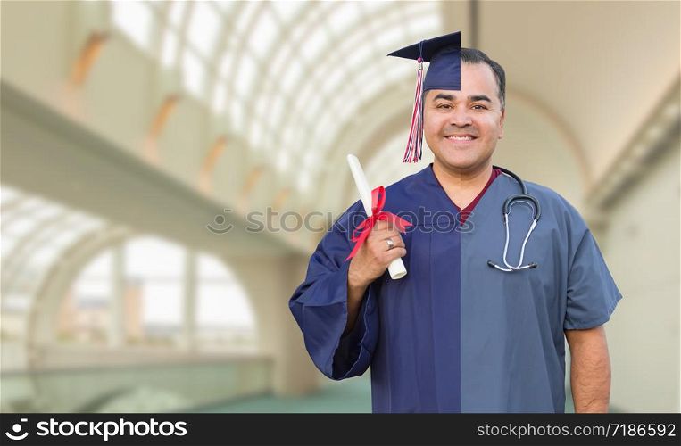 Split Screen of Hispanic Male As Graduate and Nurse On Campus or At Hospital.