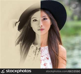 Split screen, sepia black and white and color, outdoor portrait of a beautiful thoughtful young Chinese Asian young woman or girl wearing a summer dress and a black hat