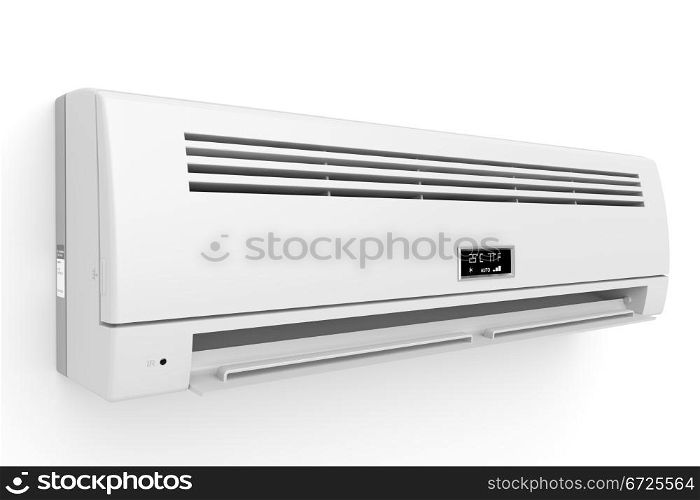 Split-system air conditioner on white wall